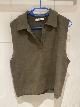 MANGO Stricktop / Pullunder mit Polokragen – Khaki – Gr. L