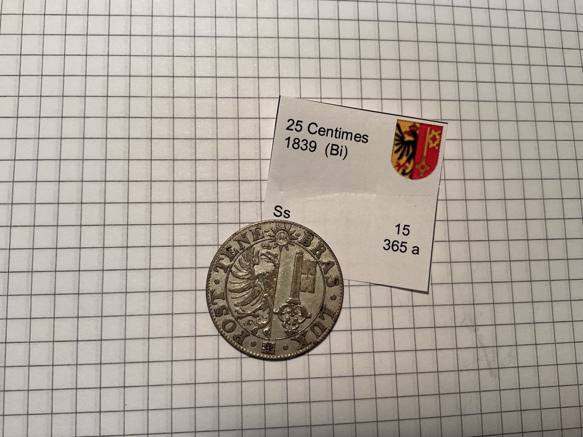 Alle Münzen: Genf  25 Centimes 1839 – Gebraucht aus Ursenbach von tho_8s6p