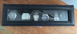 Scatola porta orologi in pelle nera 6 posti con serratura.