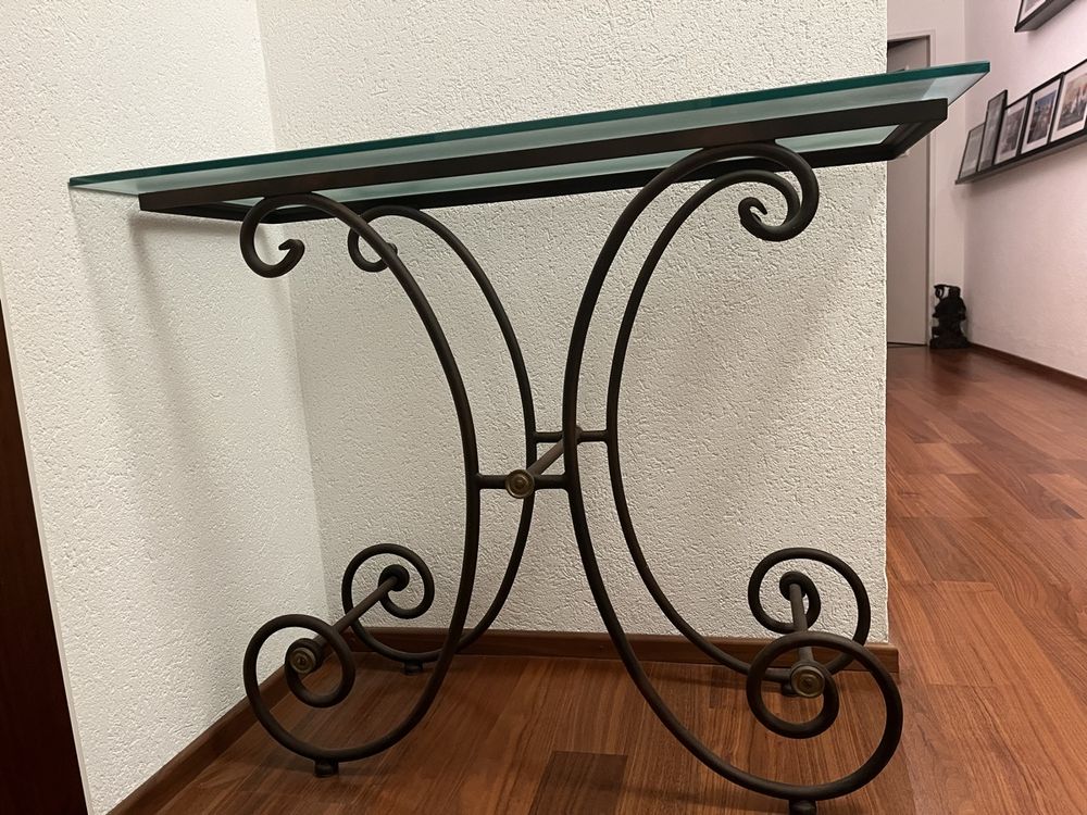 Console Demi-lune Fer Forgé Marron Et Verre – Élégante Pour Entrée Ou Salon