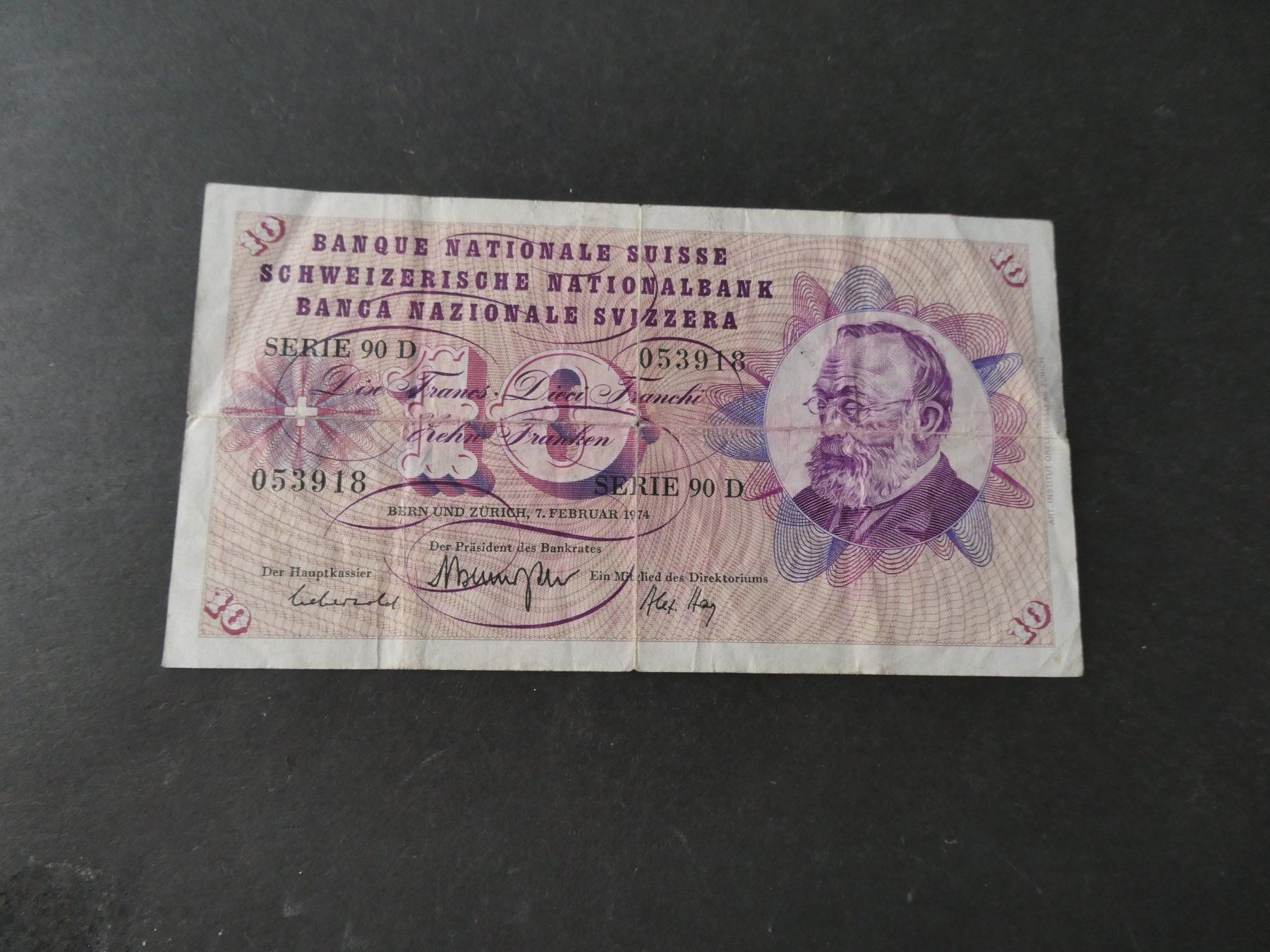 Banknoten: Schweiz 1974,  10 Franken – Gebraucht aus Hinterforst von Rohusri