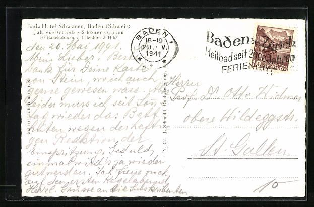 Cartoline postali: Baden, Blick auf das Badhotel Schwanen – Usato da Berlin venduto da bartko-reher 1