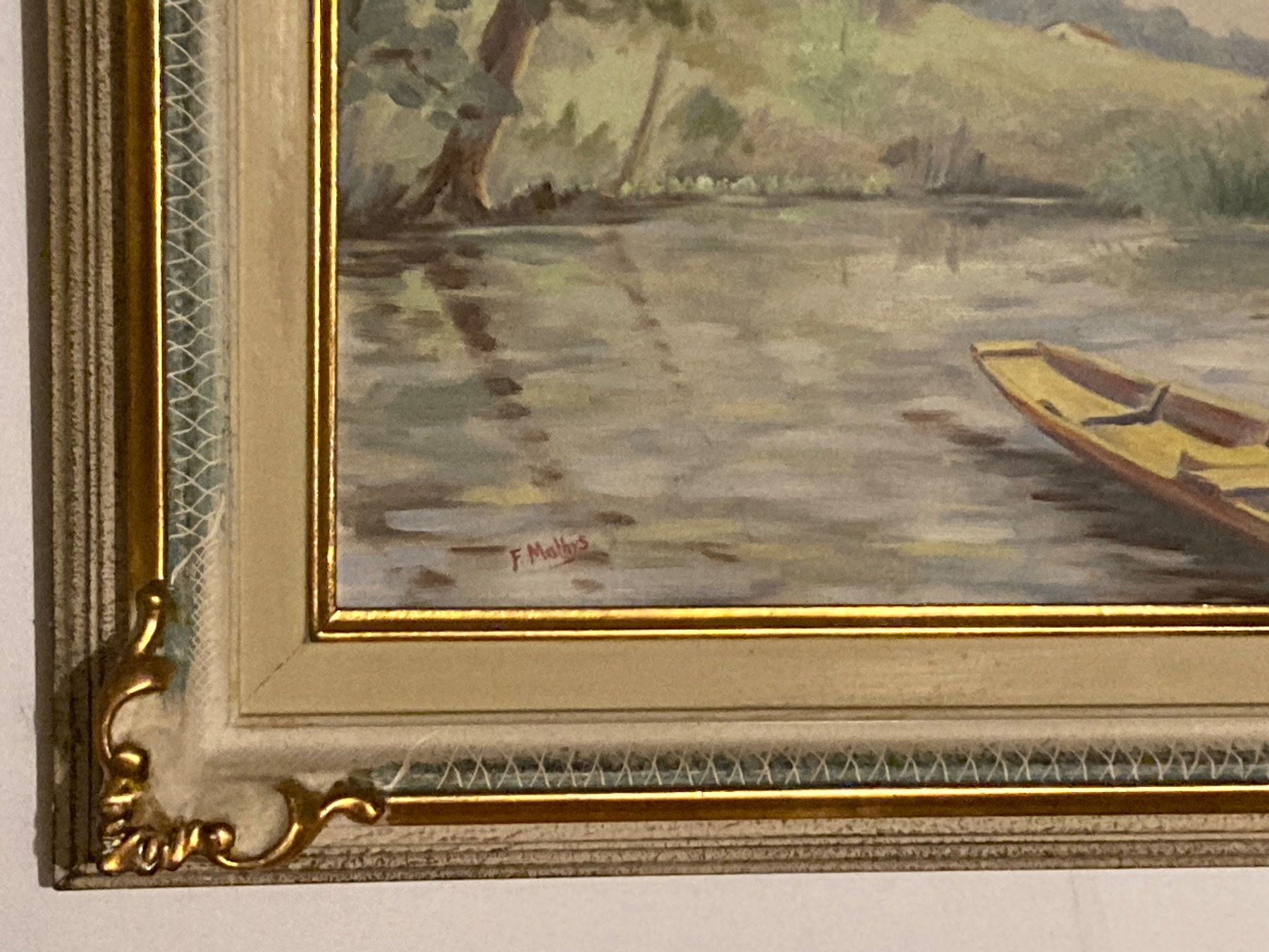 Dipinti: F. Mathys Landschaftsgemälde signiert mit Fluss, Baum, Boot – Usato da Hirzel venduto da pjn_d7xp 1