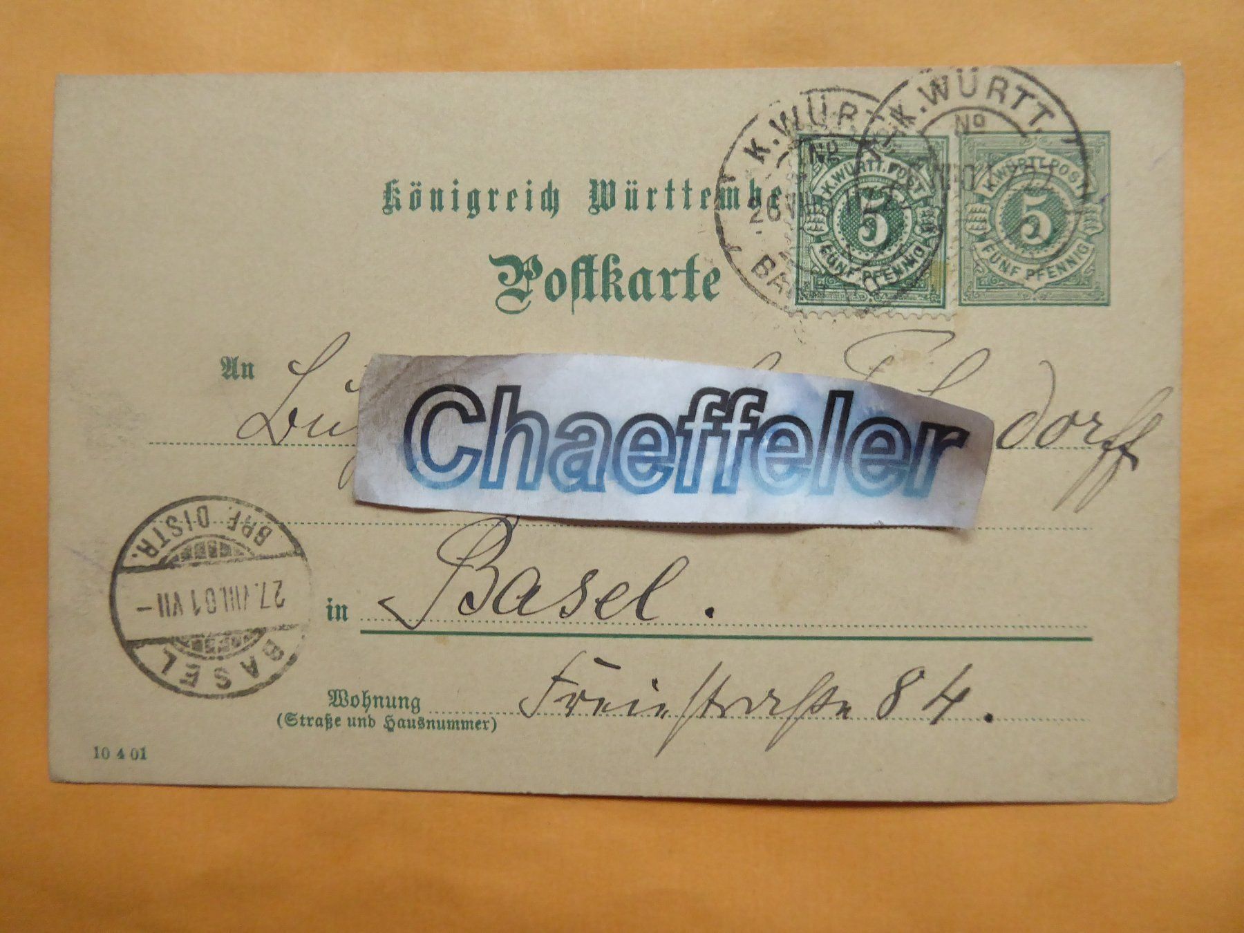 Ansichtskarten: Postkarte - Königlich Würtemberg 1901 – Gebraucht aus Zürich von Chaeffeler