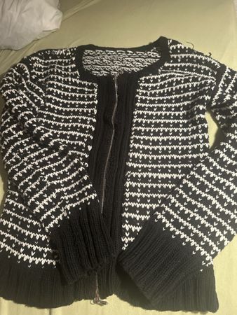Strickjacke schwarz weiss Karomuster Reissverschluss Gr S