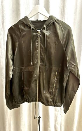 Khaki Satin Übergangsjacke mit Kapuze, Zip Jacke Gr. M