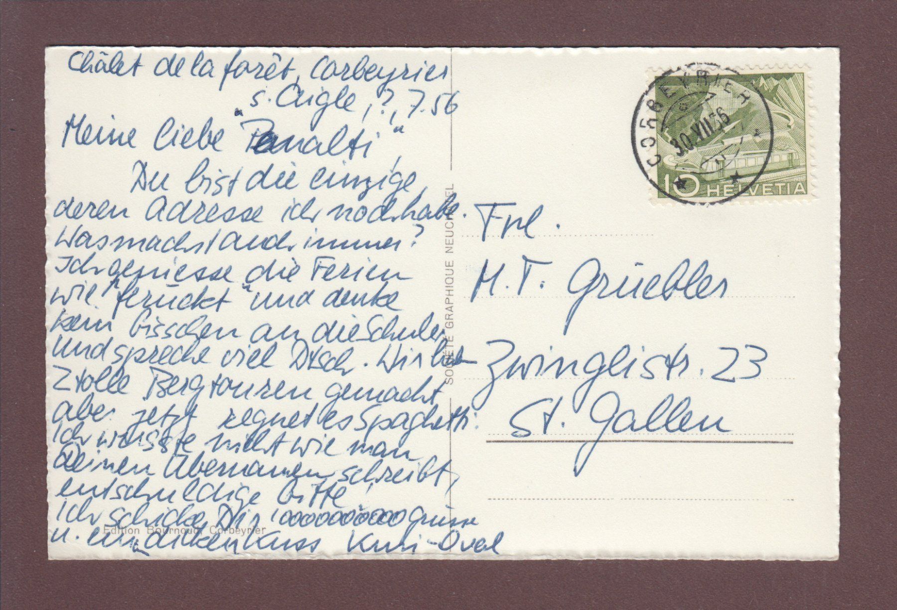 Cartoline postali: CORBEYRIER - Grammont - 1956 – Usato da Pully venduto da nicecards 1