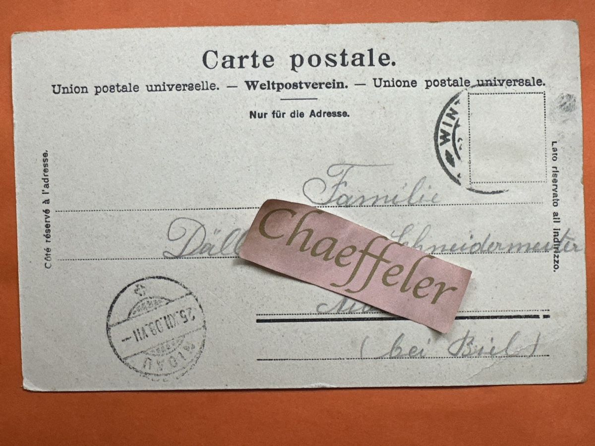 Cartoline postali: 1908  Kirche Sils-Baseglia mit Piz della Margna  – Usato da Zürich venduto da Chaeffeler 1