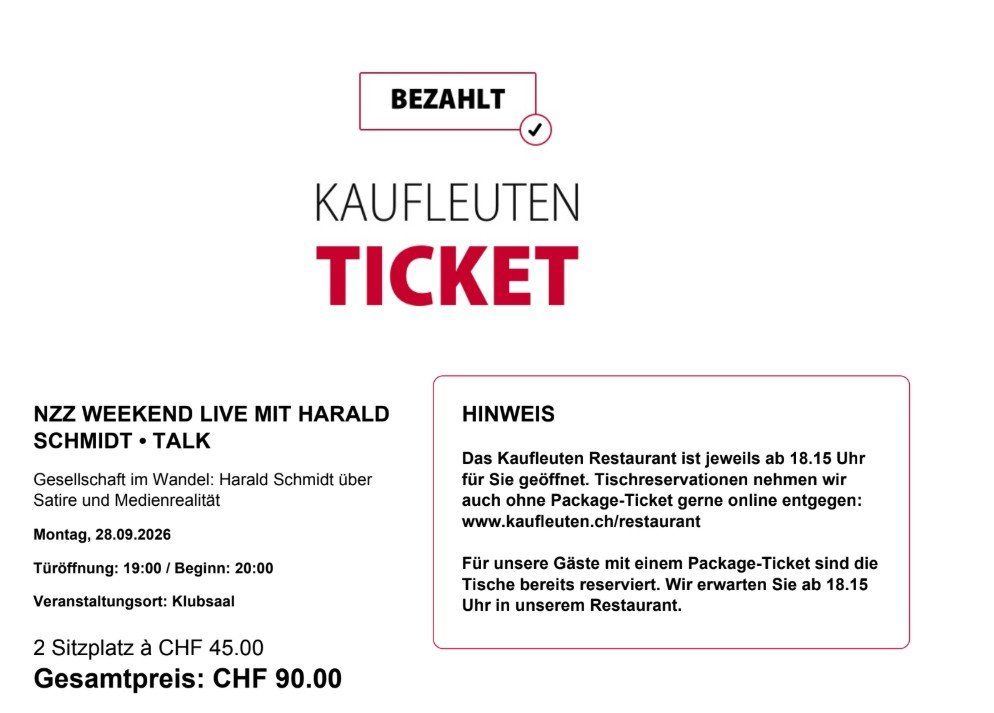 Biglietti: HARALD SCHMIDT LIVE | NZZ Weekend – Nuovo e nell'imballaggio originale da Nänikon venduto da nimmdoch2