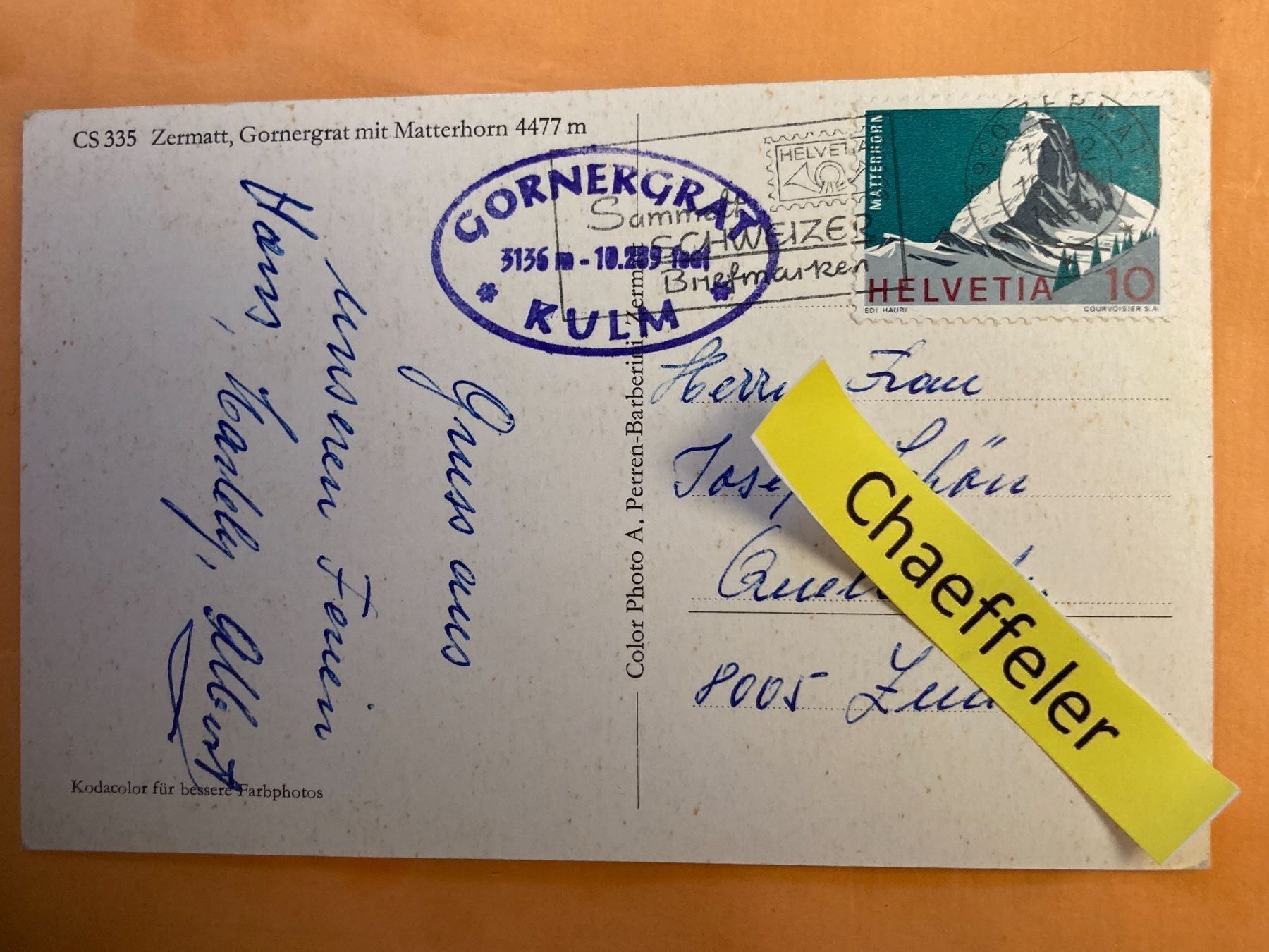 Cartoline postali: 1960 Zermatt, Gornergrat mit Matterhorn – Usato da Zürich venduto da Chaeffeler 1