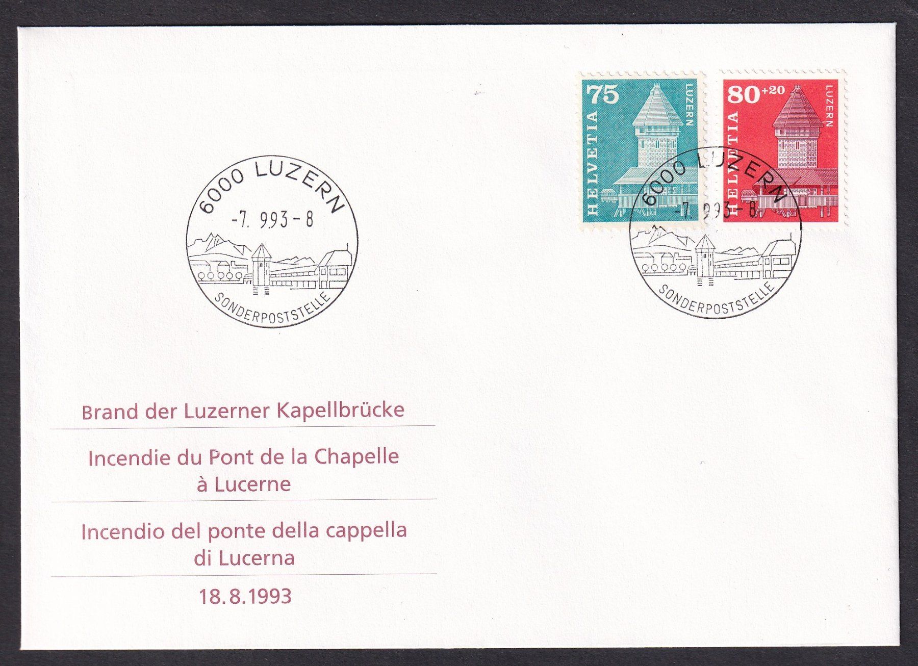 Tutti i francobolli: Combo FDC W74 mit Nr. 366 Wasserturm ET Luzern 7.9.1993 – Nuovo (secondo la descrizione) da Olten venduto da clotaldi