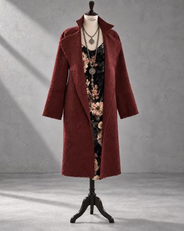 Damen Mantel bordeaux lang strukturierter Woll Stoff neu