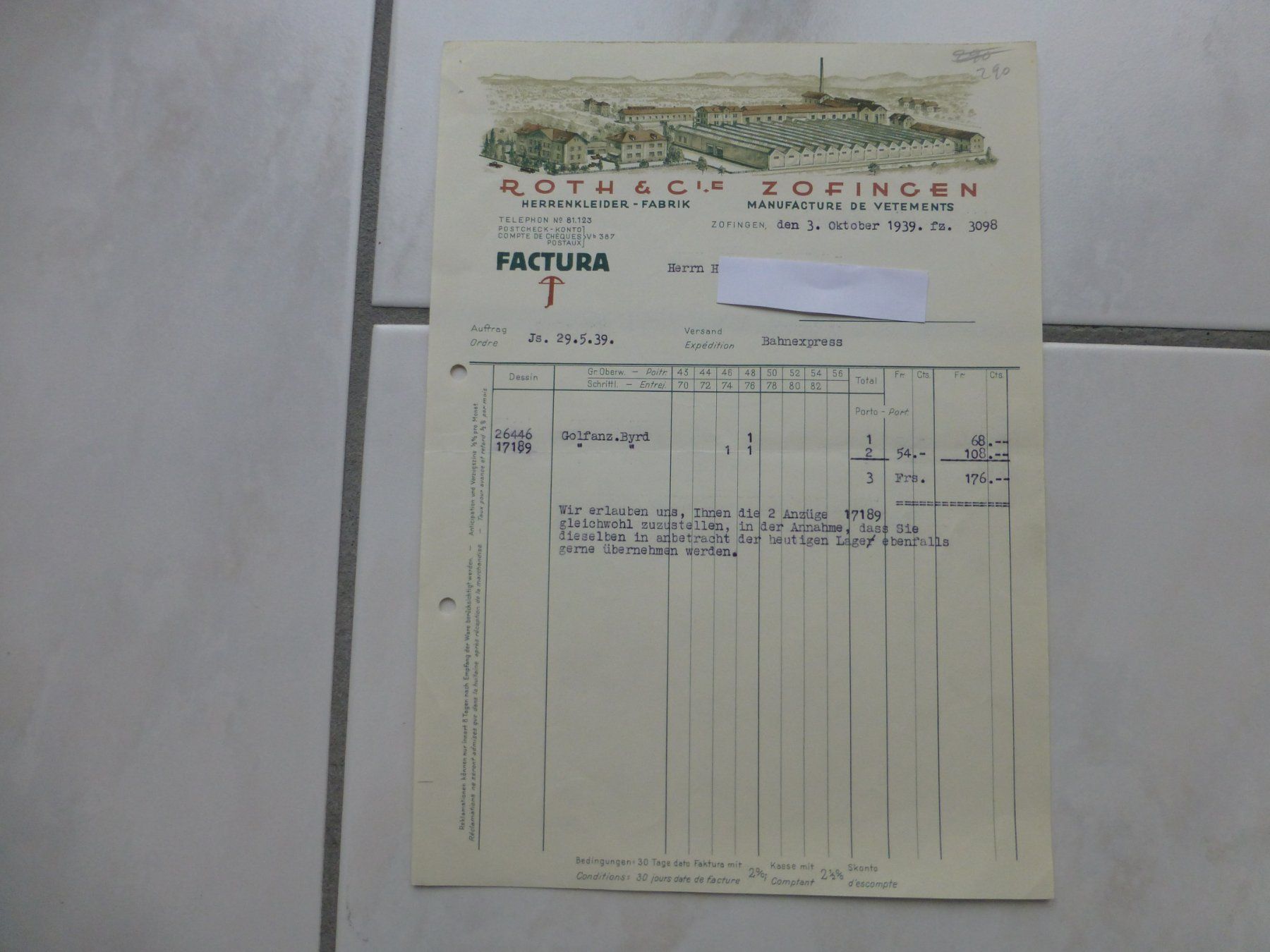 Documenti: Zofingen, Roth & Cie Kleiderfabrik, 1939 – Usato da Bettlach venduto da 1saurer