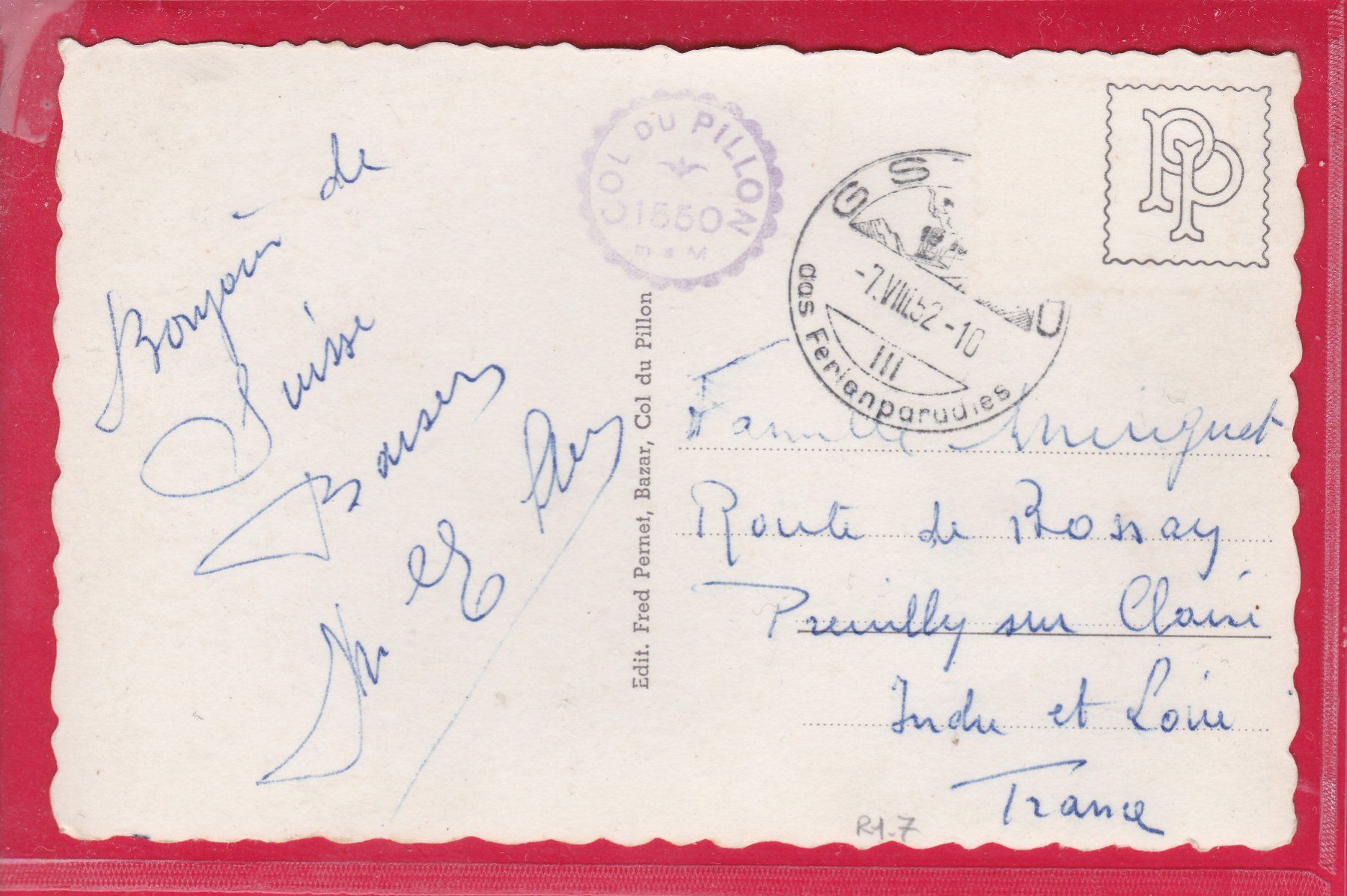 Cartoline postali: COL DU PILLON 1550m, 7.8.1952 – Usato da Oberrieden venduto da Gebirgsstelze 1
