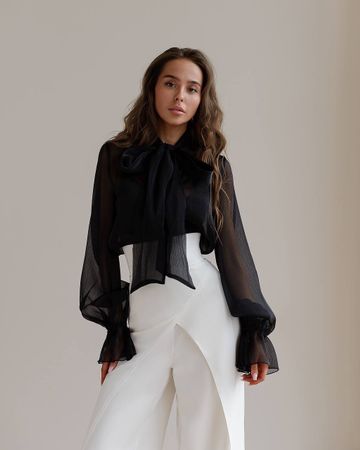 Black Organza Blouse with Bow size : M