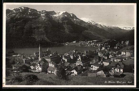 Cartoline postali: AK St. Moritz, Bad und Dorfansicht, 1934 – Usato da Berlin venduto da bartko-reher