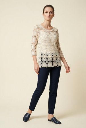 Haut Crochet Écru Manches 3/4 Col Rond T. M