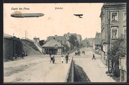 AK Copitz, Zeppelin über dem Bahnhof