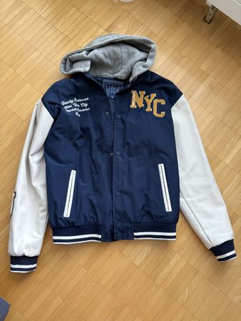 College Jacke dunkelblau weiss mit Kapuze Grösse 170