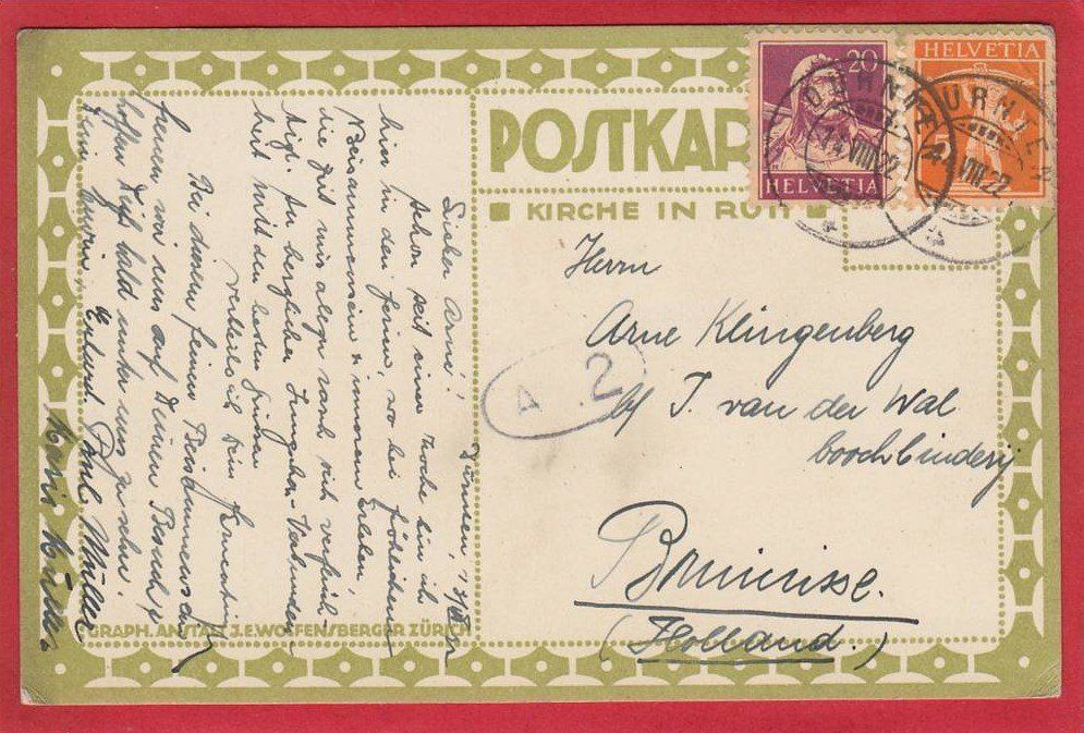 Cartoline postali: RÜTI, KIRCHE, KÜNSTLER-LITHO, 1922 – Usato da Grüningen venduto da Kartenlaube 1