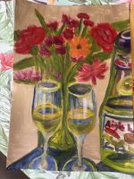 Acrylmalerei Blumenstrauss mit Weinglaesern auf Papier