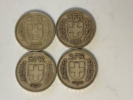 4 Schweizer 5 Franken Münzen 1933 bis 1939 gebraucht
