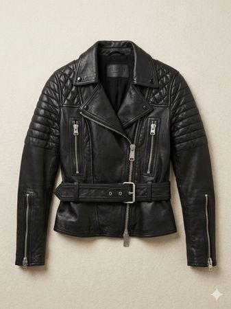 AllSaints Biker Jacket Leather Black Size UK 6 EU 34