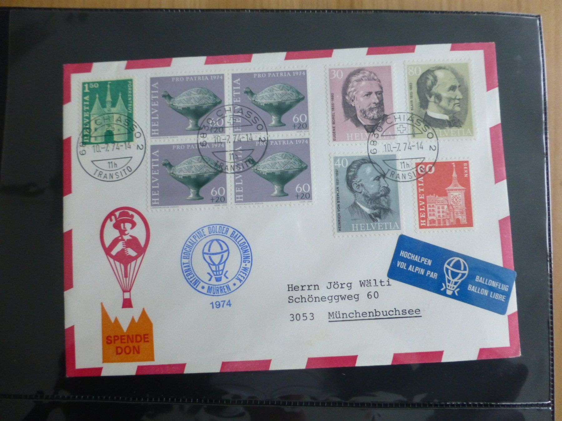 Alle Briefmarken: Pestalozzi Ballonflug 1974, Chiasso – Gebraucht aus Bettlach von 1saurer