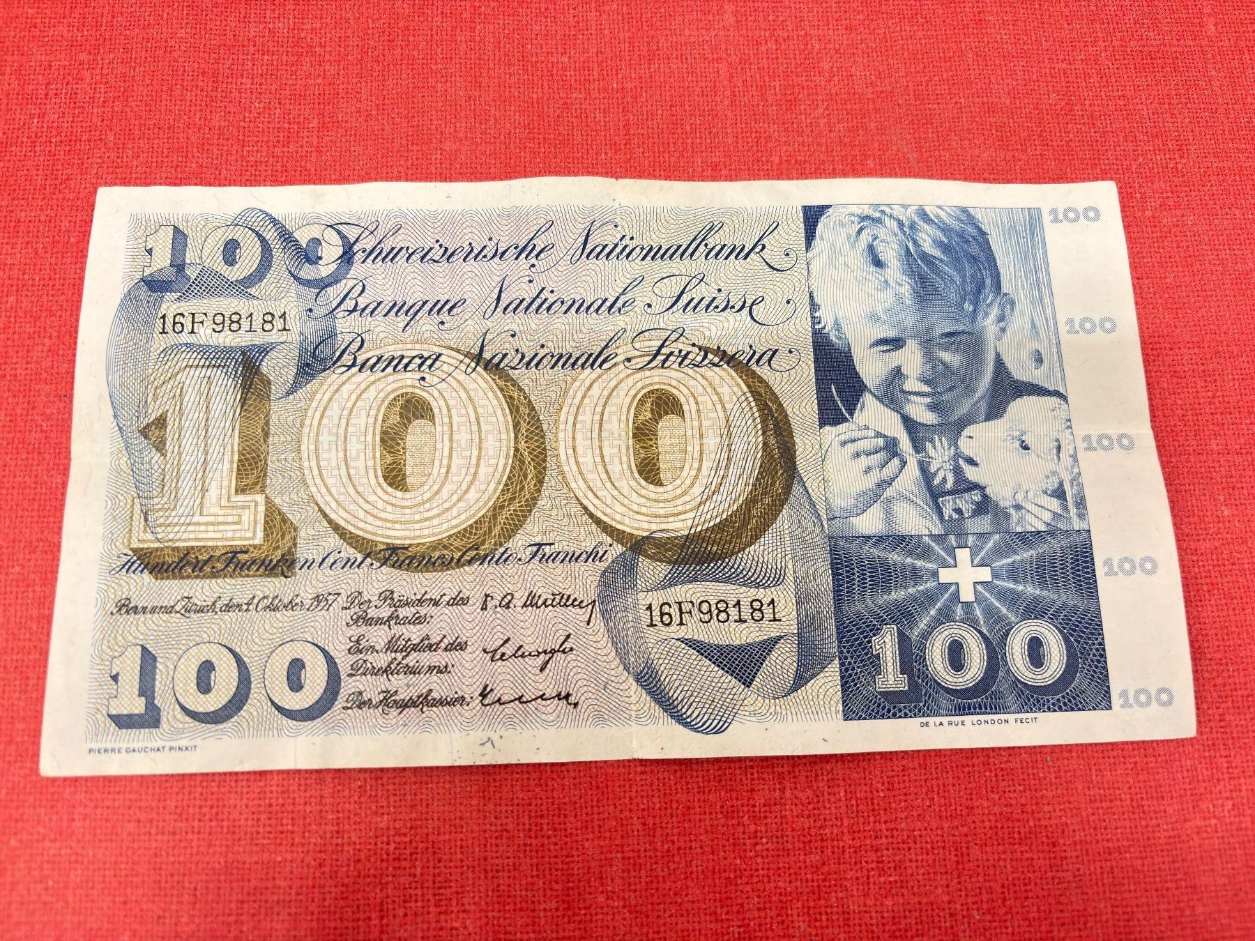 Banknoten: 100 Franken Banknote 1957 gebraucht – Gebraucht aus Ormalingen von digital09