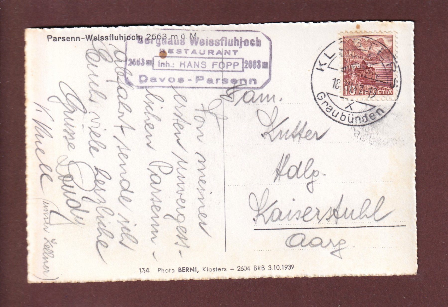 Cartoline postali: PARSENN-WEISSFLUHJOCH - 1947 – Usato da Pully venduto da nicecards 1
