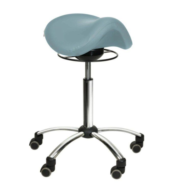 Sgabelli: Comfort-Sattelhocker HELLBLAU mit Swing-Mechanismus – Nuovo e nell'imballaggio originale da Schaffhausen venduto da Praxis-Nova