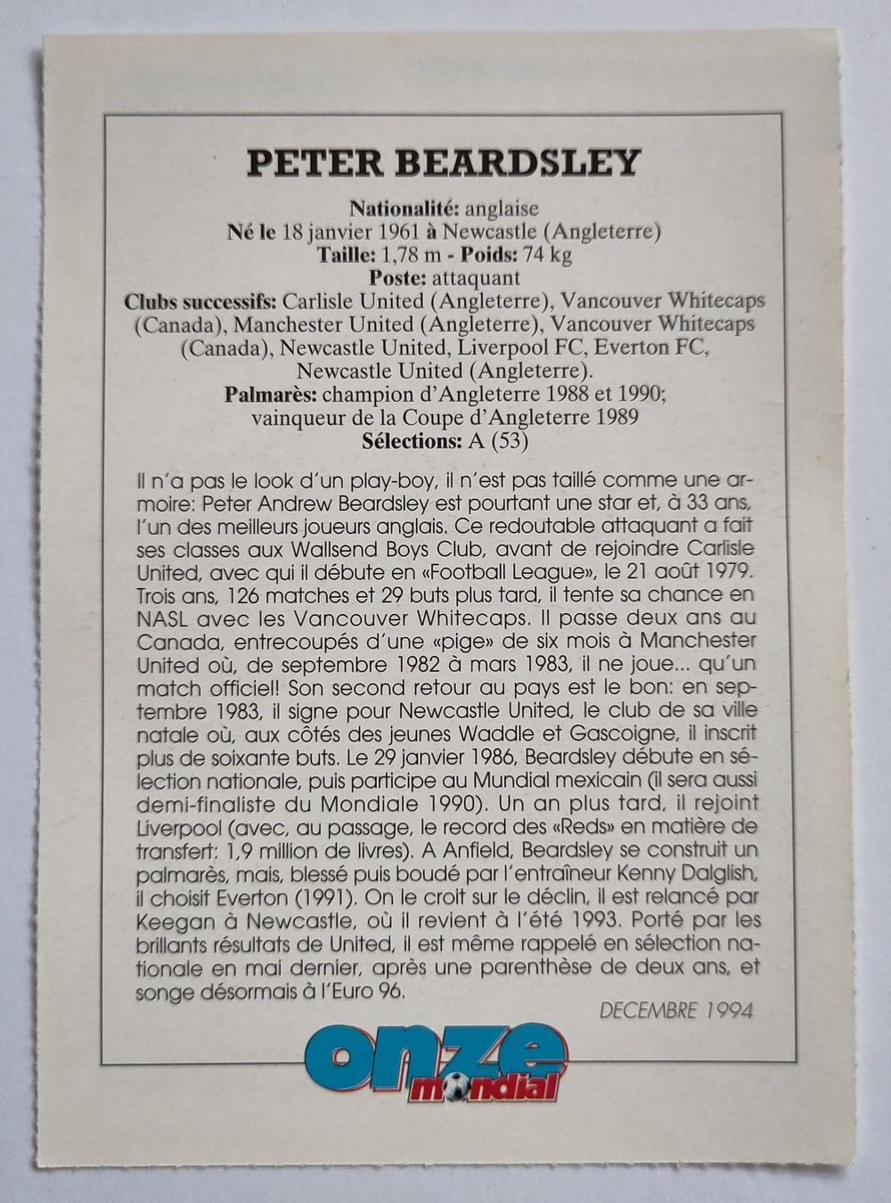 Carte collezionabili: Fiche Peter Beardsley - Onze mondial – Usato da Lausanne venduto da the_p2w5 1