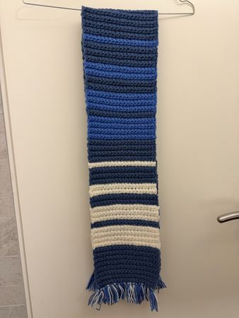 Handmade Crocheted Striped Scarf Blue and White Color