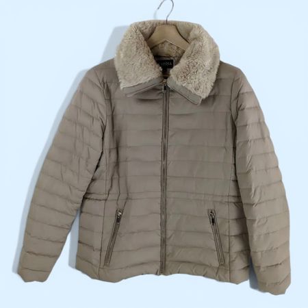 CAROLL Paris Steppjacke – Beige – Gr. L – mit Kunstfellkrage