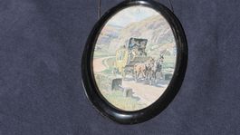 2 ovale Bilder - Postkutsche - Liebespaar - antik  ca. 1920