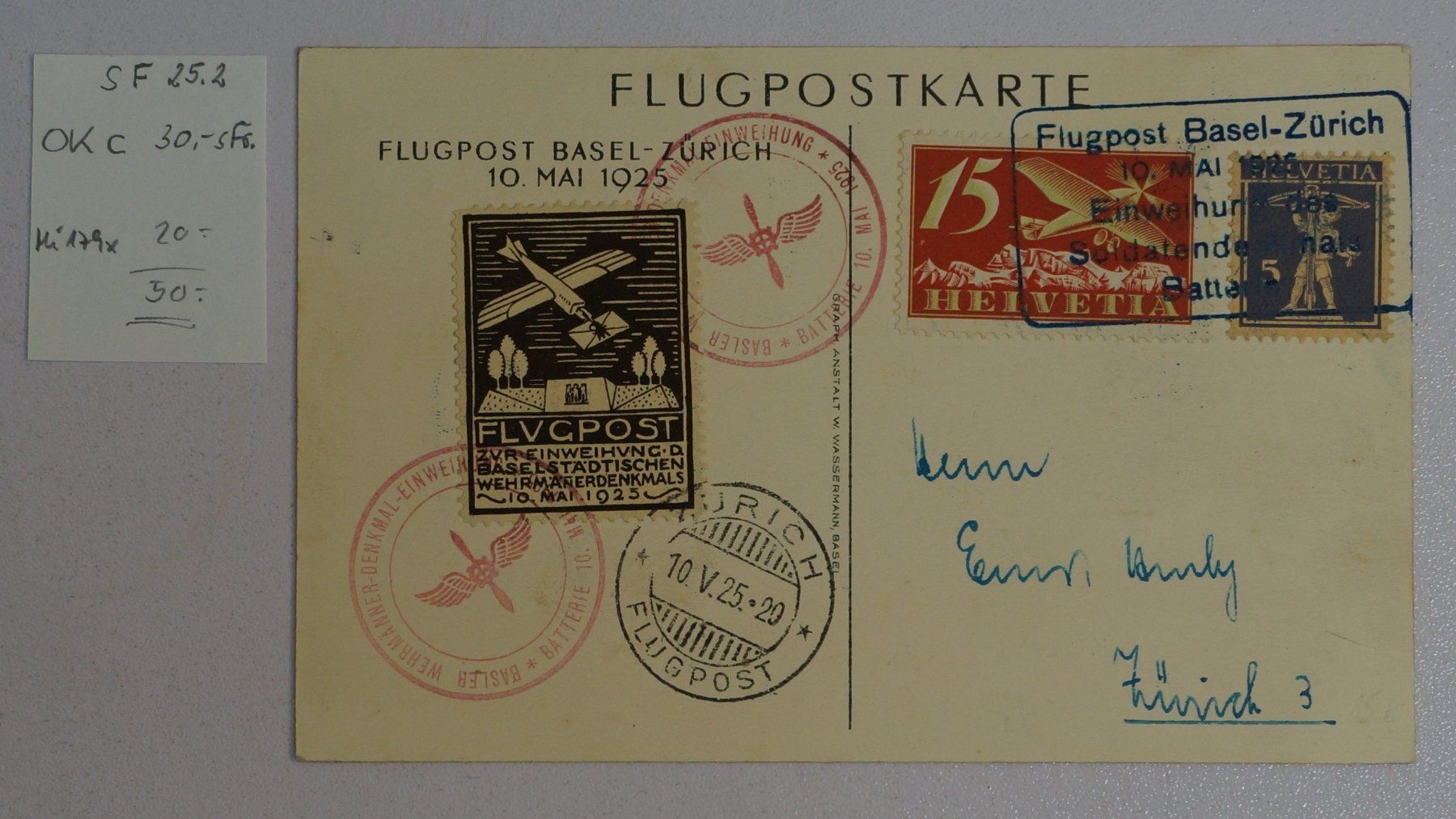 Tutti i francobolli: CH - Flugpost - Sonderflug - SF 25.2c mit OK Vignette – Usato da Rombach venduto da VENTIS-Auktionen