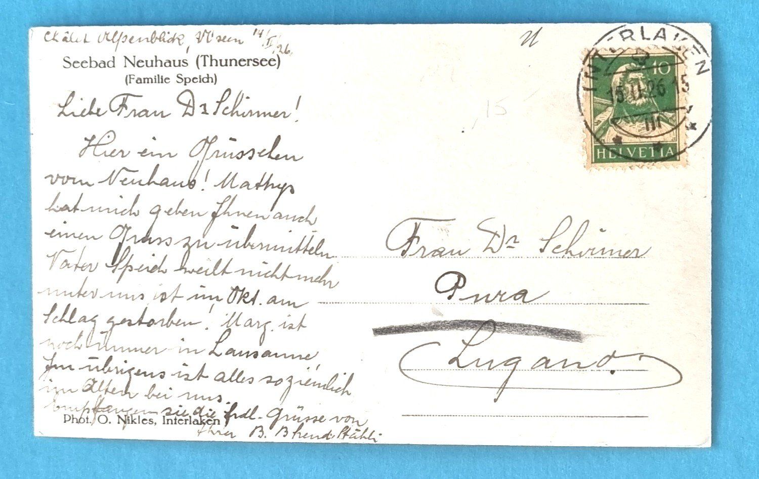 Cartoline postali: Thunersee - Seebad Neuhaus - 1926 – Usato da Rothrist venduto da RROENK 1
