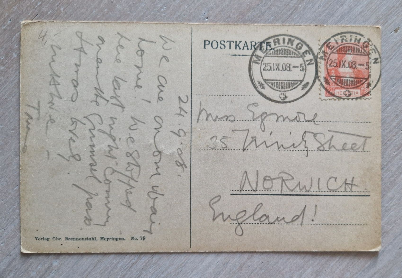 Cartoline postali: AK v. Meiringen n. Norwich England 1908 – Usato da Ebikon venduto da Donar50 1