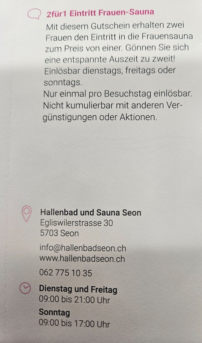 Buoni: Eintritt Frauen Sauna Seon – Nuovo e nell'imballaggio originale da Uezwil venduto da Jasmin_ 1