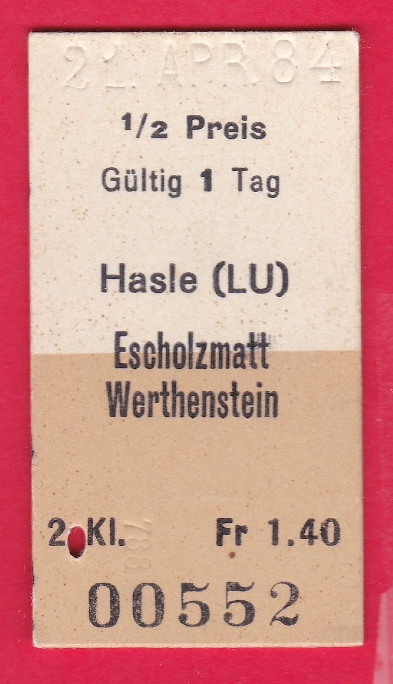 Biglietti: KARTON BILLETT, HASLE (LU) - WERTHENSTEIN, 2.KLASSE, EINFACH – Usato da Oberrieden venduto da Gebirgsstelze