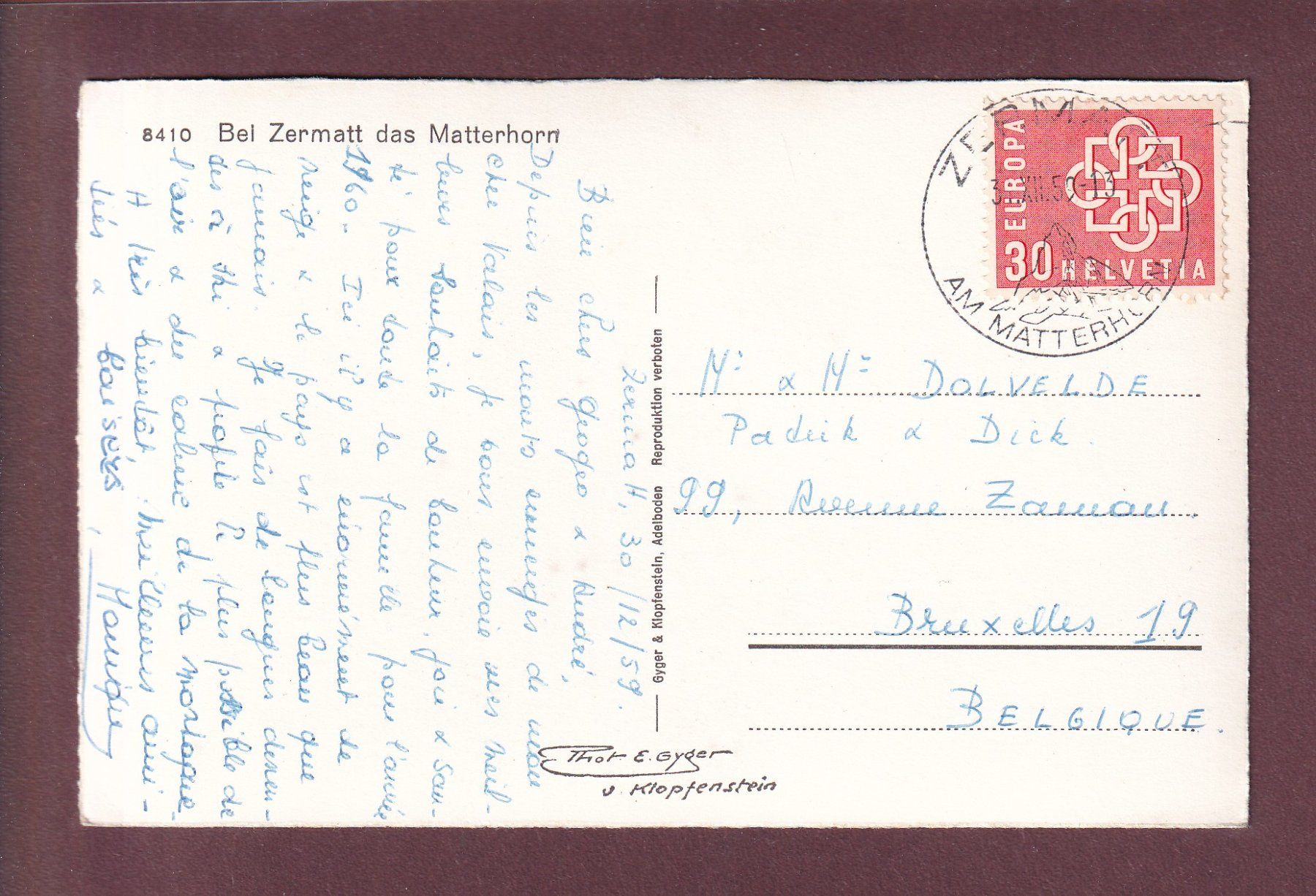 Cartoline postali: Bei Zermatt - MATTERHORN - 1959 – Usato da Pully venduto da nicecards 1