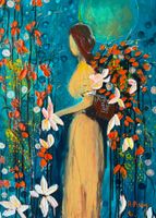 Œuvre unique 🖼️ Tableau femme & fleurs, style abstrait, ...