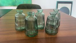 5 Glasvasen grün geriffelt klein