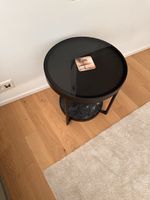 Round side table black metal glass top good condition