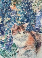 Fritz Hug, Original Lithographie Katze im Blumenfeld