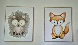 2 Wandbilder Fuchs und Igel im Holzrahmen, guter Zustand