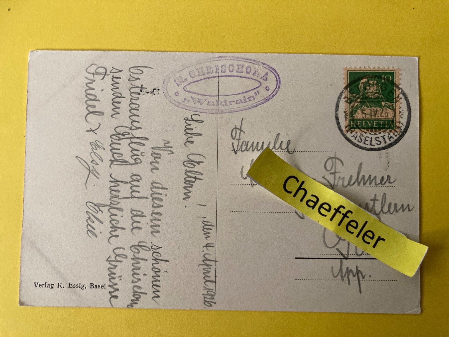 Cartoline postali: 1926 St. Chrischona – Usato da Zürich venduto da Chaeffeler 1