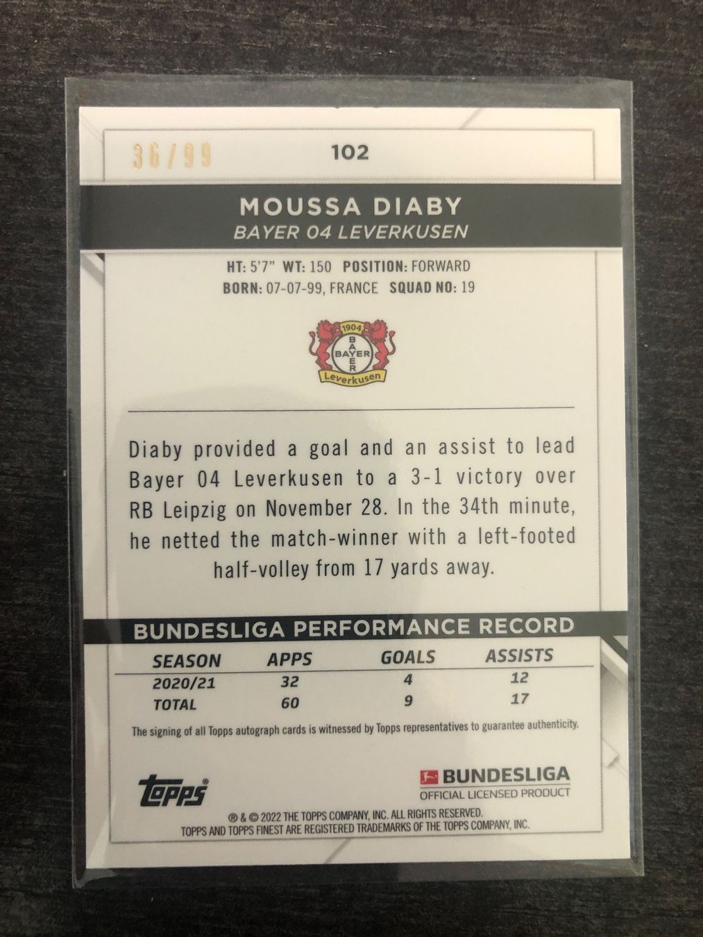 Topps Sammelbilder & Trading cards: Topps Finest Moussa Diaby Autogramm 36/99 – Gebraucht aus Wangenried von Garagara 1