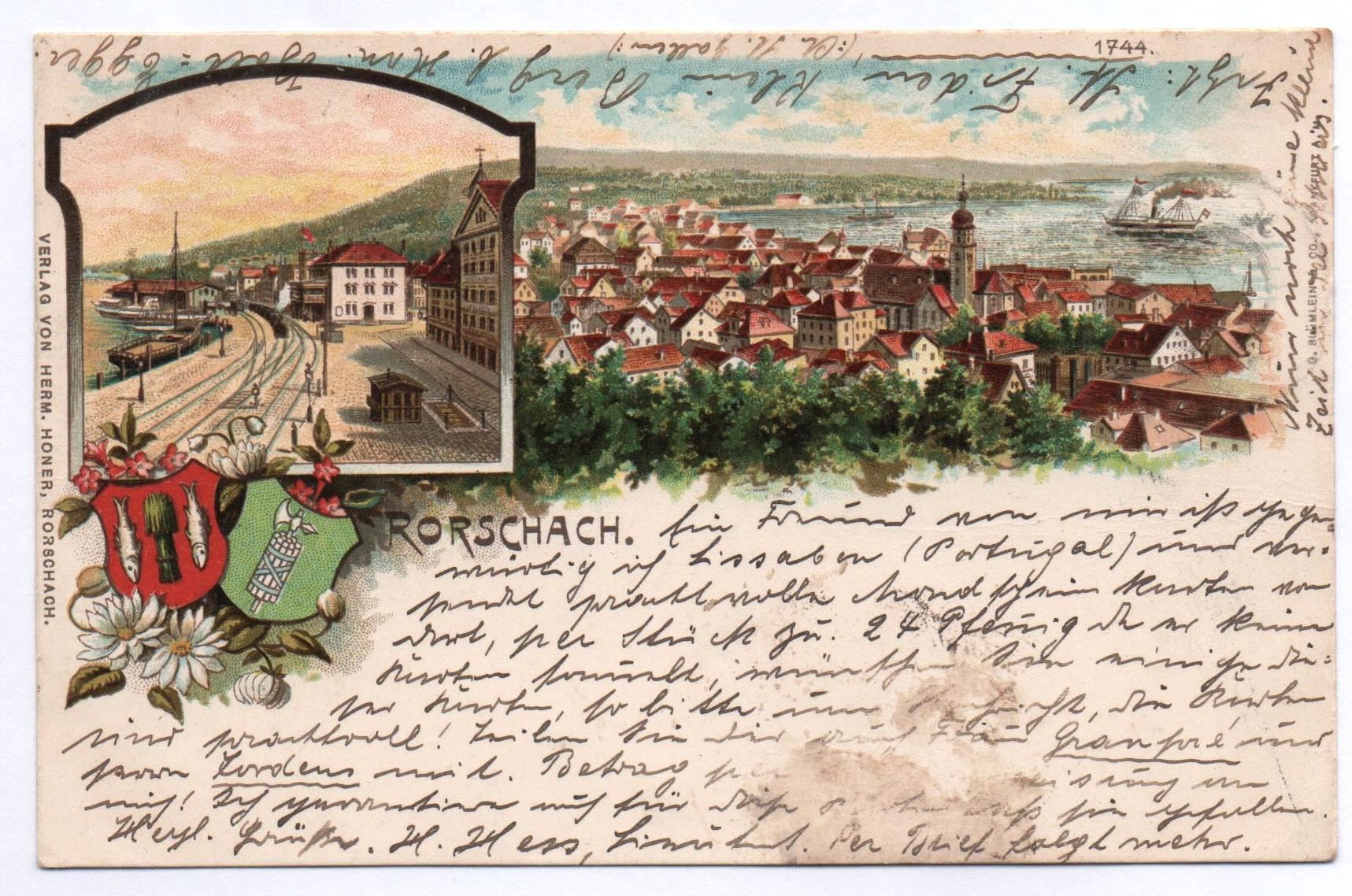 Ansichtskarten: Wappen-Litho RORSCHACH Bahnhofplatz 1898 – Gebraucht aus Jona von philajona