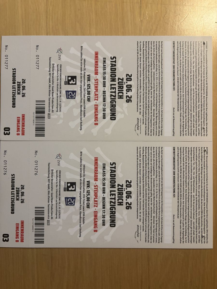 Biglietti: Tickets Tote Hosen 20.06. – Nuovo e nell'imballaggio originale da Dällikon venduto da Stoeffu73 1
